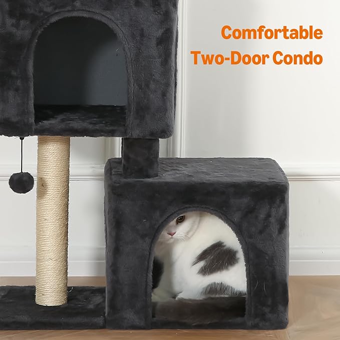 Amazon Basics 30 inch 2 Story Condo Cat Tree with Scratching Posts for Indoor Cats up to 16 lbs, Activity Center with Cozy Perch, Replaceable Hanging Pompom, Dark Gray