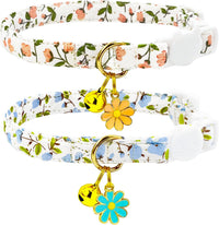 2 Pack Cotton Breakaway Cat Collars Set with Bell and Flower Pendant - pink+blue