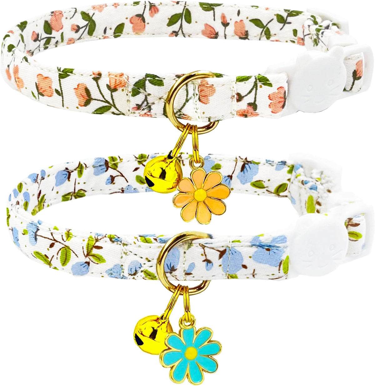 2 Pack Cotton Breakaway Cat Collars Set with Bell and Flower Pendant - pink+blue