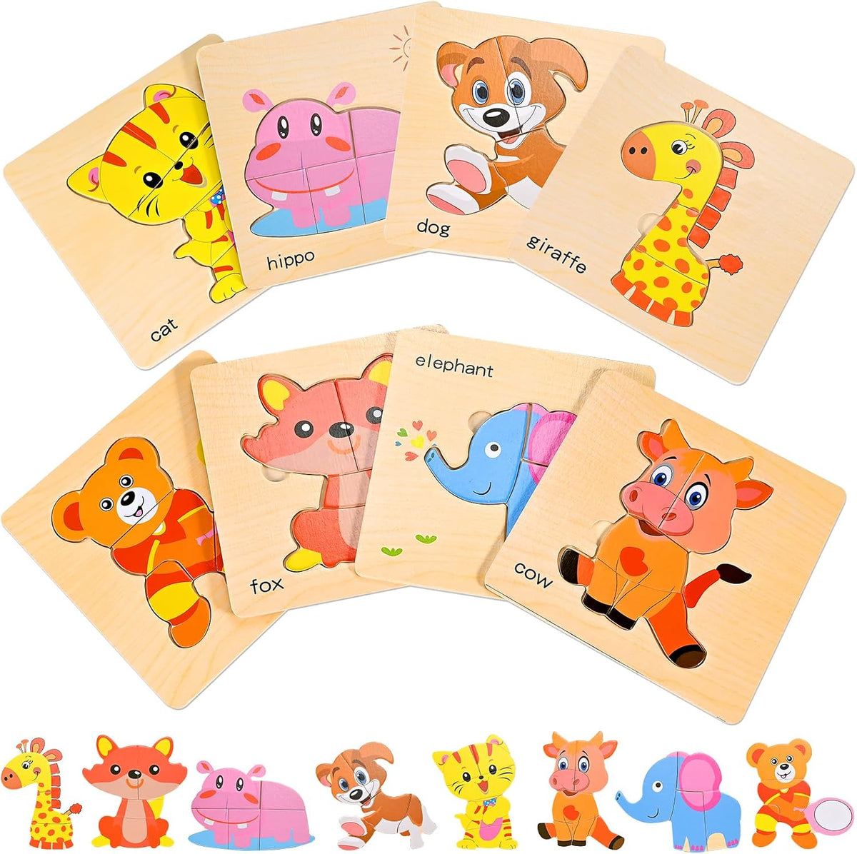 8pcs Wooden Puzzles for Toddlers 1-3, Toddler Puzzles Ages 2-4 – Fun for Kids & Family - Zoo Animals
