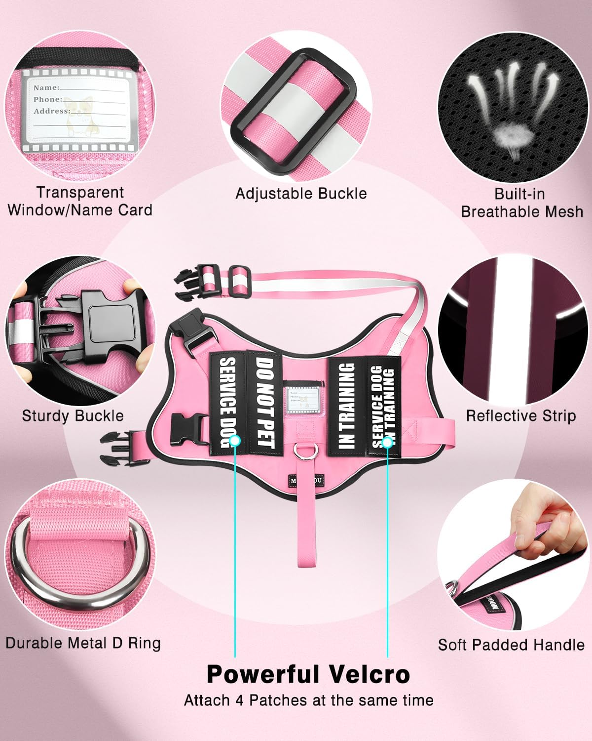 Service Dog Vest Harness and Leash Set+10 Patches - Extra-Small / Pink - image 3