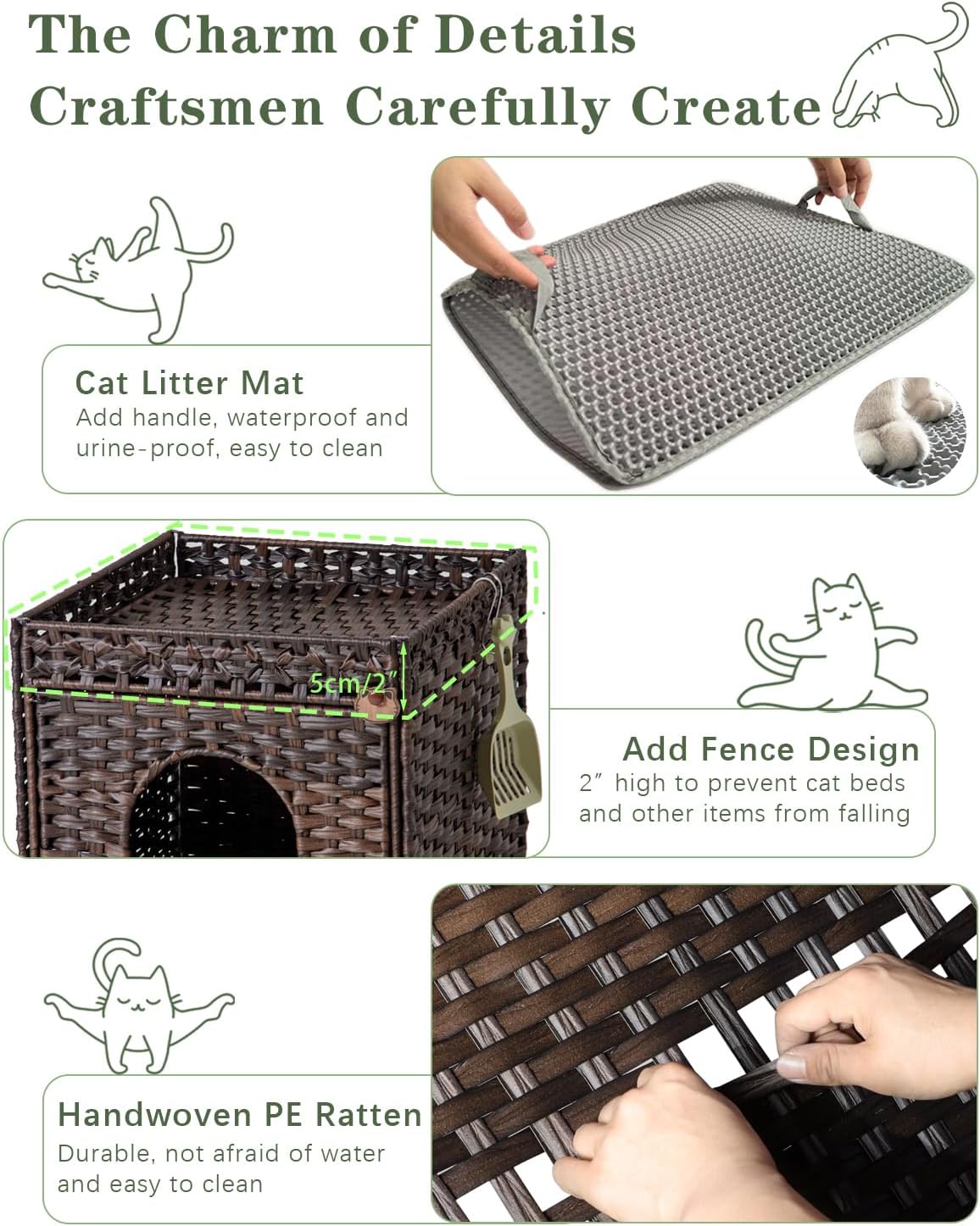 Cat Litter Box Enclosure Furniture, Hidden PE Rattan - Brown / Standard - image 3