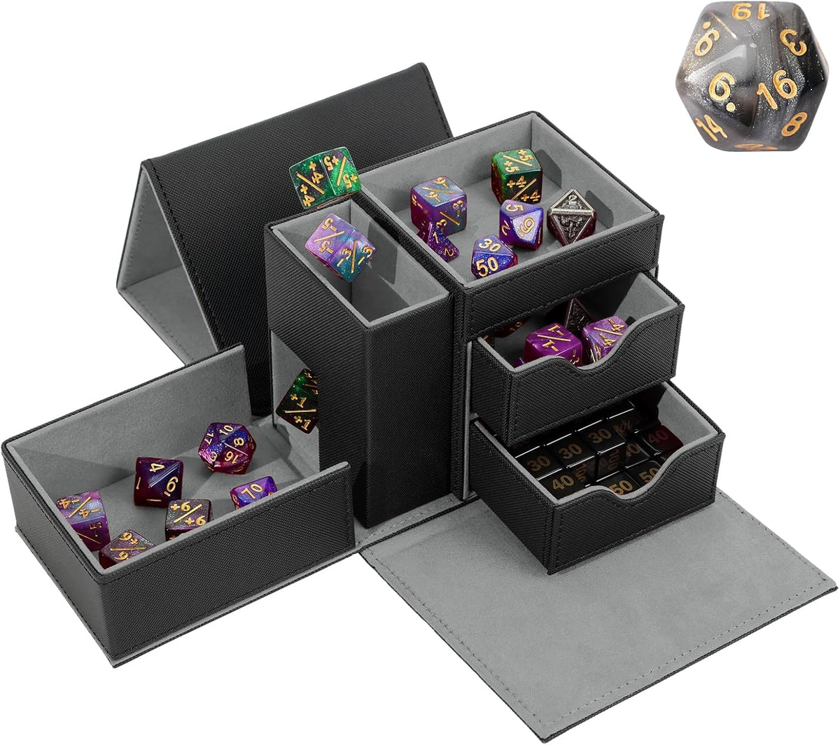Stepane dice tray and dice tower storage box in black and red PU leather with drawers - view 2