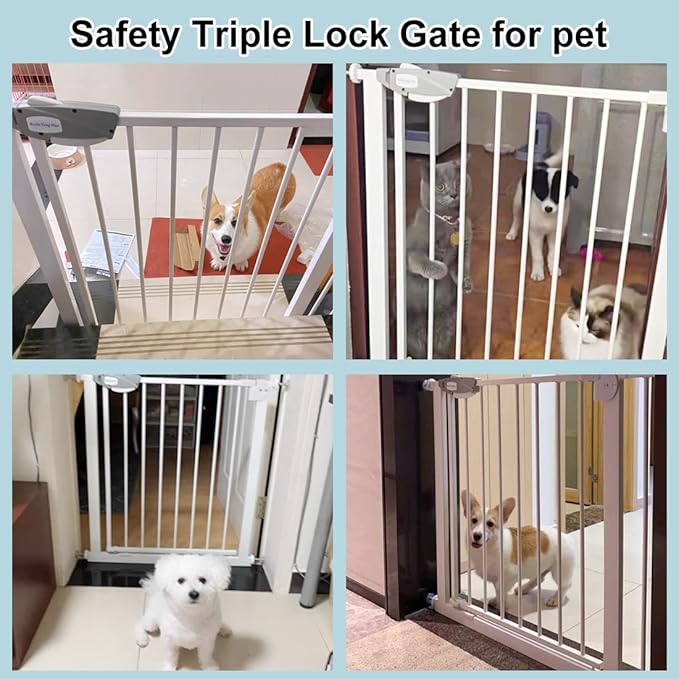 WAOWAO Triple Lock Baby Gate Extra Wide 35.04-38.97" Pressure Mounted Walk Through Swing Auto Close Safety White Metal Dog Pet Puppy Cat for Stairs,Doorways,Kitchen