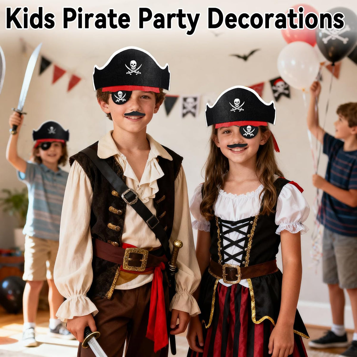 Halatool pirate party hat set with 6 felt hats, 6 skull eyepatches and 6 fake mustaches - view 11