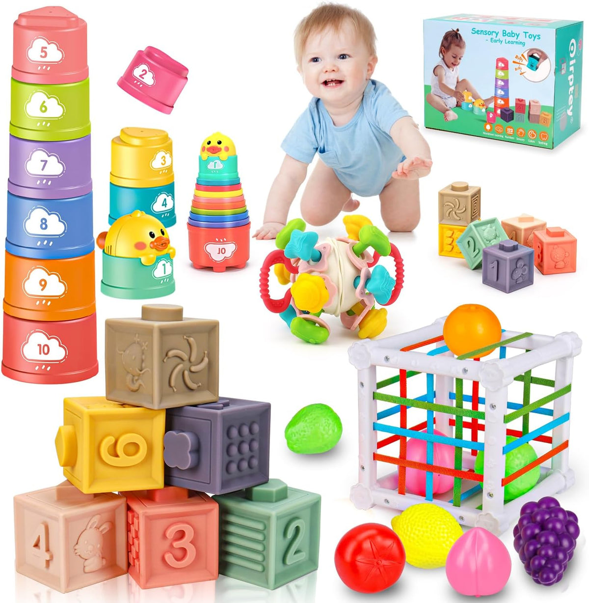 Qirptey Montessori Toys Toddler Stacking & Cups Blocks Sensory Bin