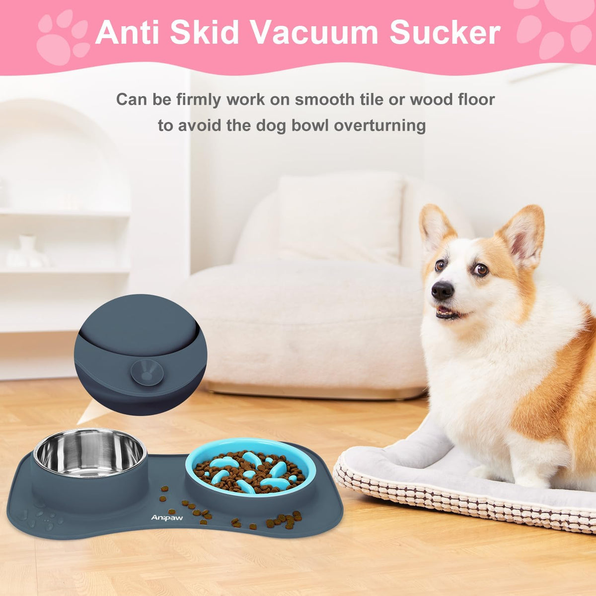 Slow Feeder Dog Bowls 3 in 1 Stainless Steel Food Water Bowl to Slow - Small ＆ Medium Breed / Light Grey - image 2