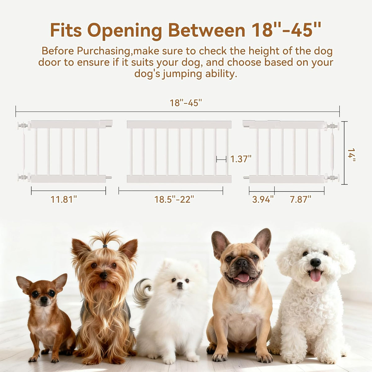 Dog Gate Indoor,18"-45" Adjustable Extra Wide Metal Short Dog Gate to Step Over, 10" Tall Small Pet - 18-45''W*14''H / White - image 2