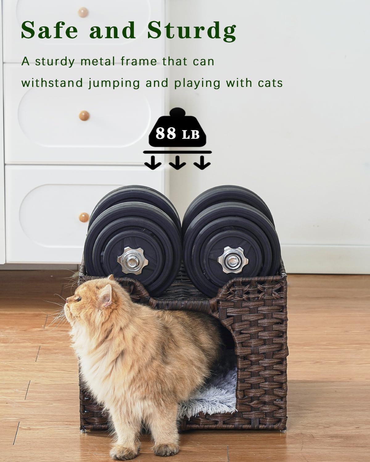 Cat Beds Indoor Kitten House, PE Rattan Cat Cave - Brown / Rectangle-M - image 3