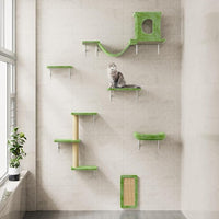 NUNU LAB Wall Mounted Cat Furniture, 6 Pcs Cat Wall Shelves with Condo House, Bridge, Steps, Scratcher, Hammock, Indoor Safe & Stable Furniture for Kittens Play, Green