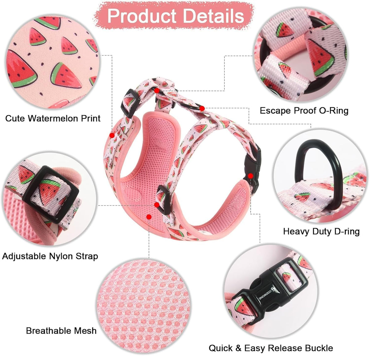Dog Cat Harness and Leash Set - watermelon / L (Neck 15.7"-21"; Chest 19.6"-28.3") - image 3