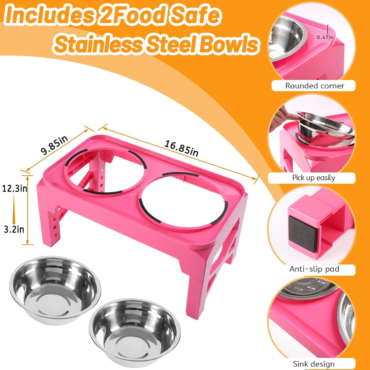 Hubulk Elevated Dog Bowls with 2 Stainless Steel Dog Food & Water - M (8" for M/L Dogs) / Pink - image 4