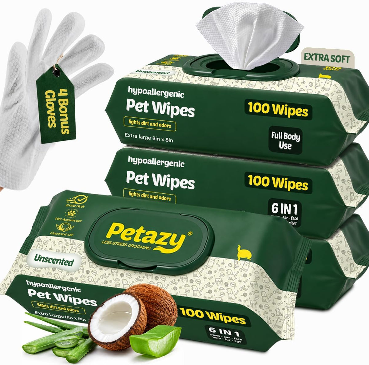 Pet Wipes for Dogs & Cats, Paws, Ears & Butt Cleaning - Unscented / 400