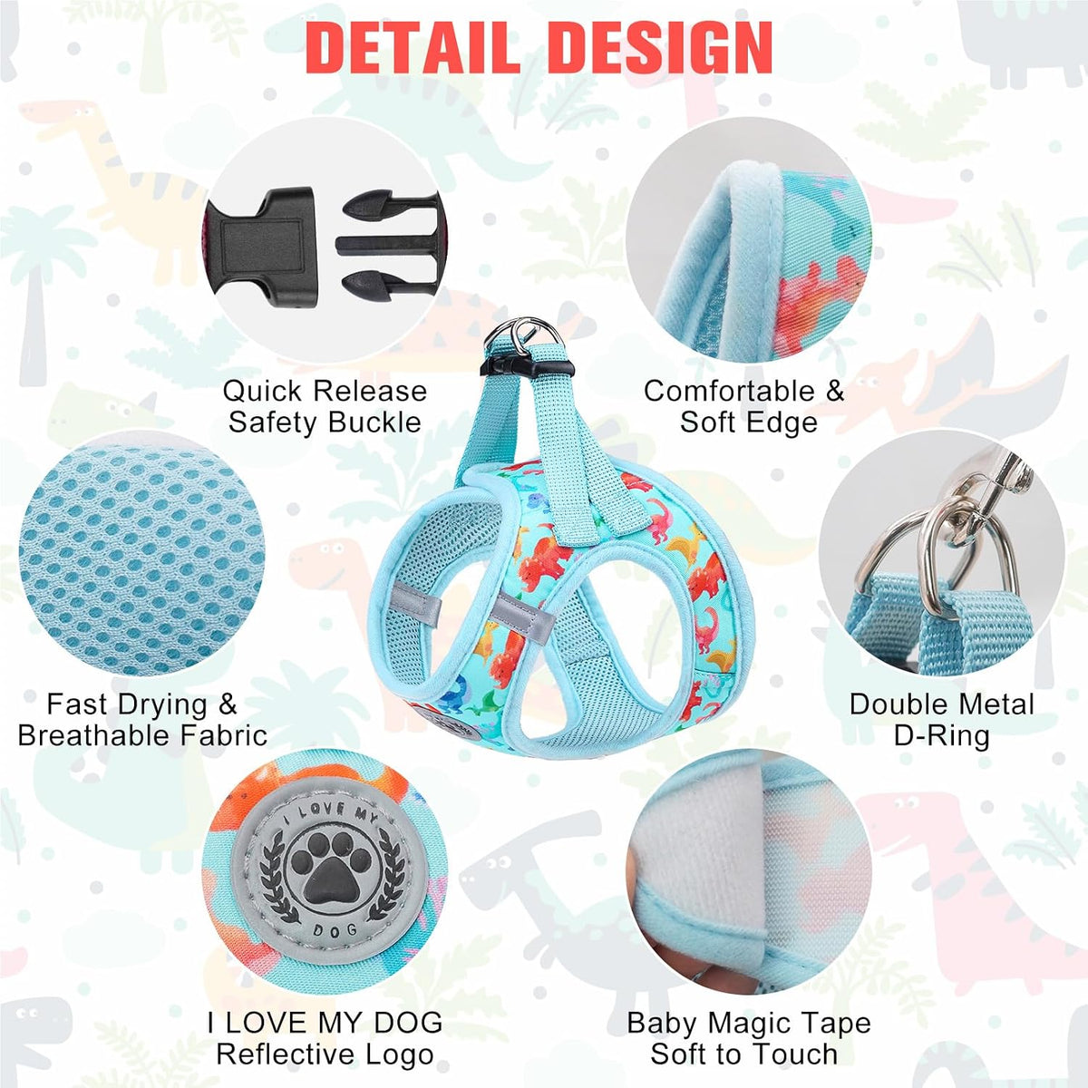 Small Dog Harness and Leash Set, No Pull Puppy Pet Vest, S - Medium(Chest Girth 16" - 18") / Dinosaurs Pattern - image 2