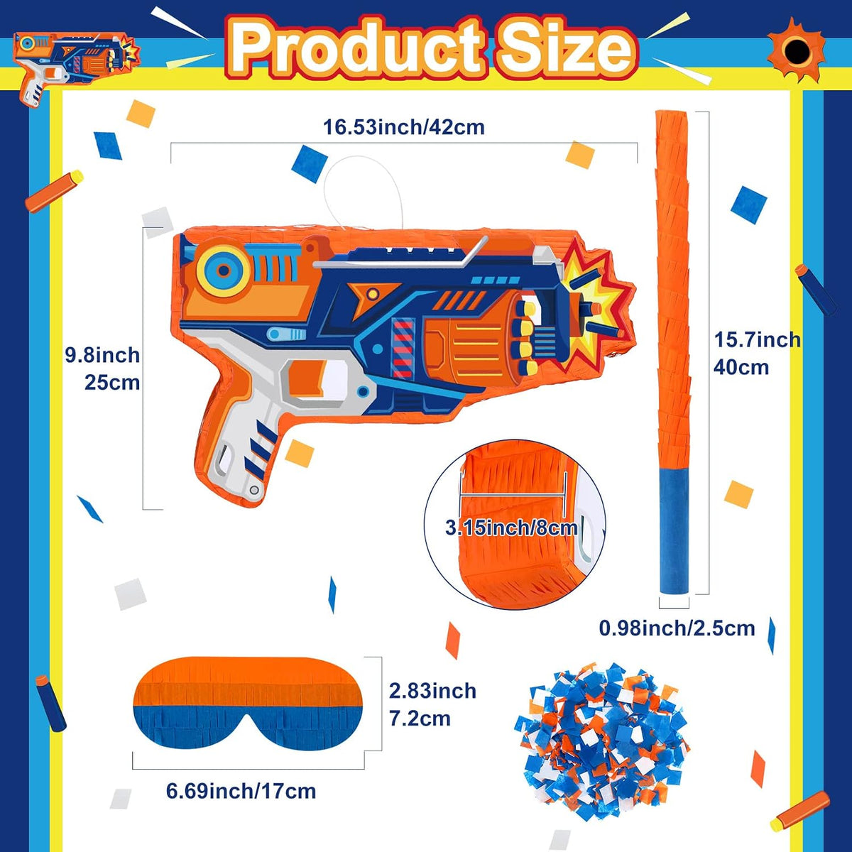 Sotiff dart theme toy gun piñata with blindfold, stick and confetti - view 18