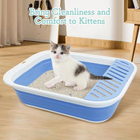 Fhiny Cat Litter Box Portable Shallow Litter Box 17.7"x13.4"x4.9" Foldable Cat Toilet with Scoop Open Kitty Potty Pan with Litter Drop Pedal Easy to Clean Travel Kitten Toilet(Blue)