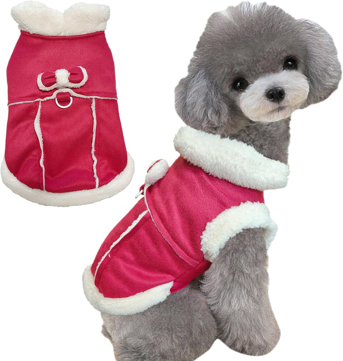 Dog Cold Weather Coats with Bow & Leash Ring - Red / Large