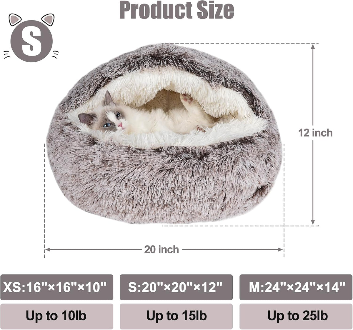 Cat Bed Cave, Cat Beds for Indoor Cats, Washable Hooded Cat Beds - 20.0"L x 20.0"W x 12.0"Th / Coffee - image 3