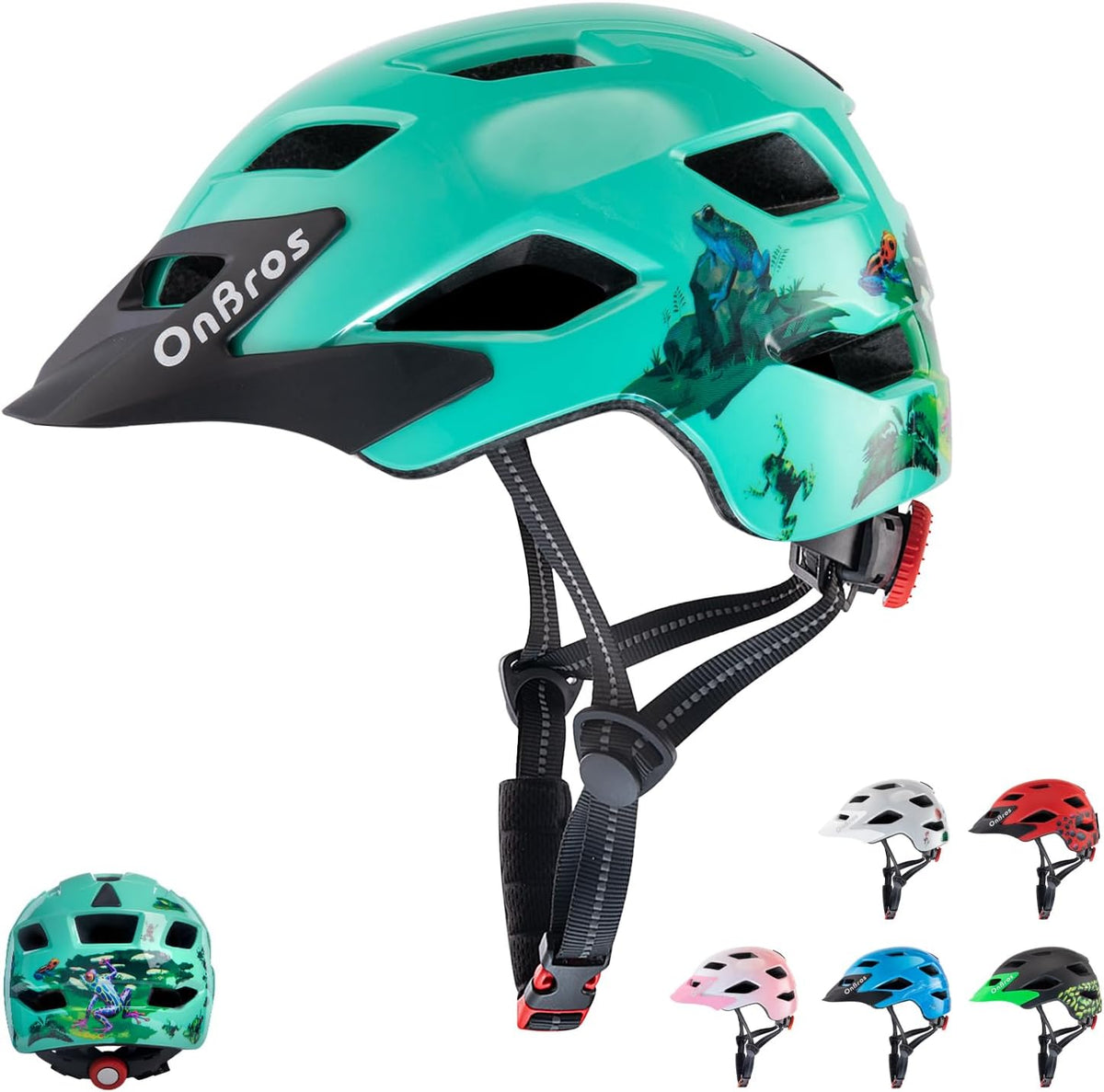 OnBros Kids Bike Helmet Boys Girls Youth Visor Adjustable 50-57CM – Fun for Kids & Family - B-Light Green Frogs [NEW]