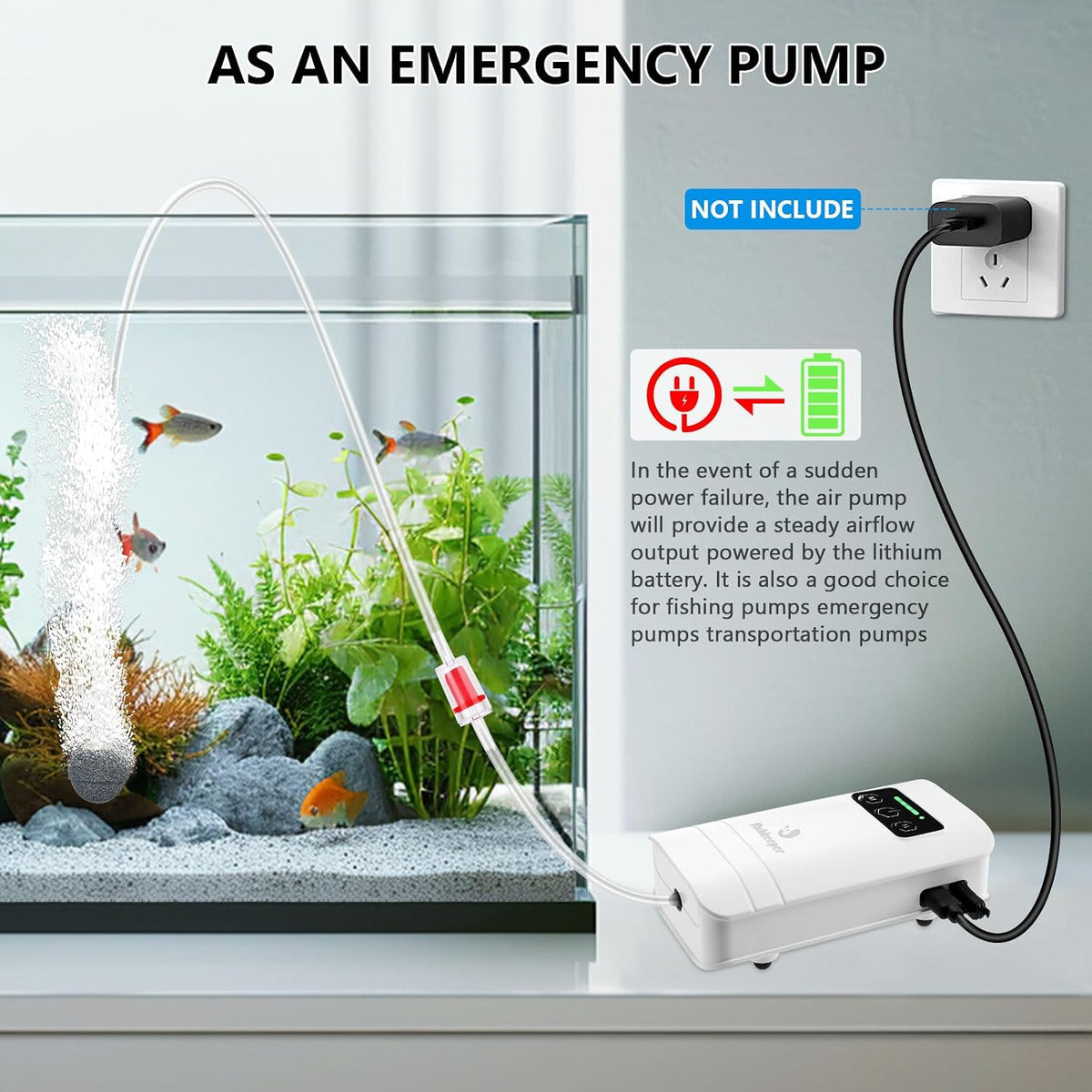 fishkeeper Battery Powered Aquarium Air Pump - S(2W-2200mAh Up to 60 Gal) - image 3