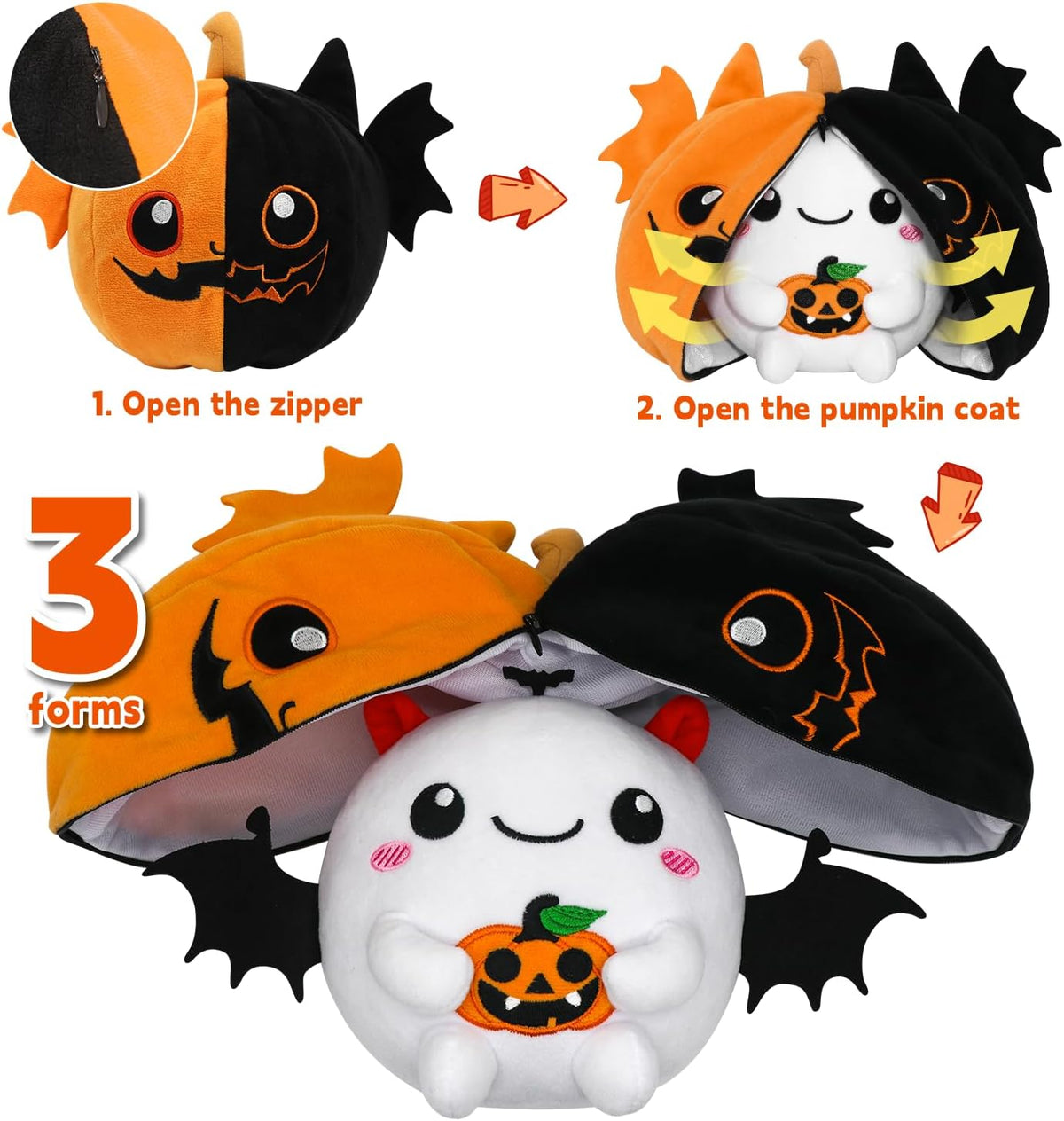 CAIYUEGG reversible Halloween plush showing bat ghost and pumpkin sides - view 6