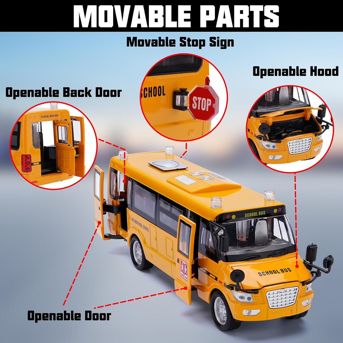 Crelloci School Bus Toy, Die Cast Model Car with Flashing Lights & Sounds, Friction Powered, Back - image 2