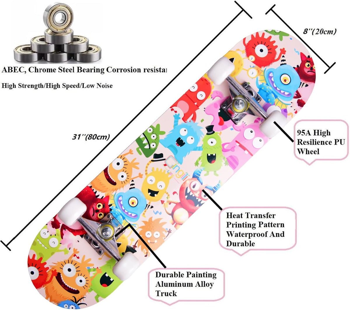 Skateboards for Beginners Kids Boys Girls and Adults, 31''x8'' - Little Monster - image 3