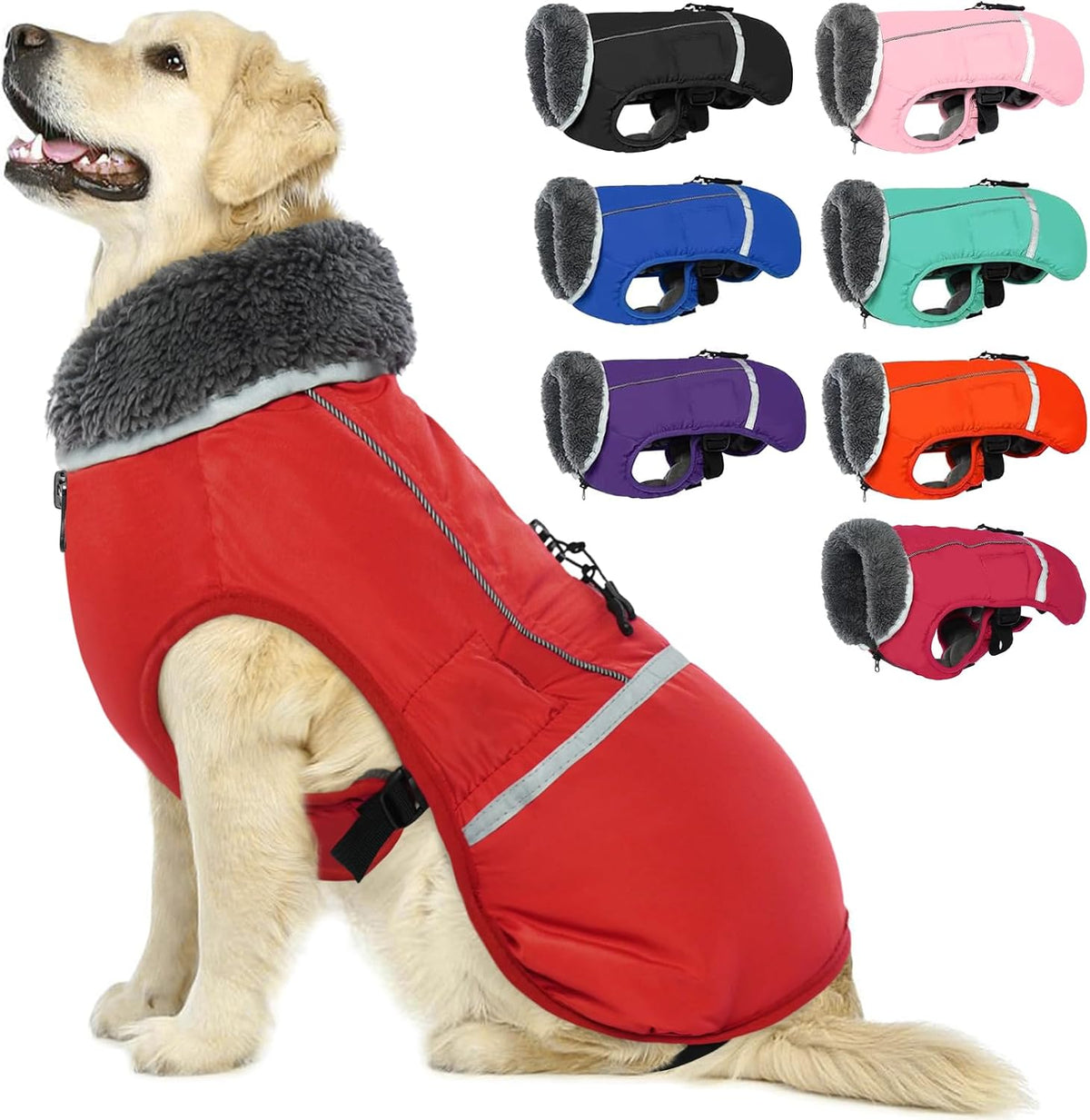 QBLEEV Warm Dog Coat, Reflective Dog Jacket - Red / Medium