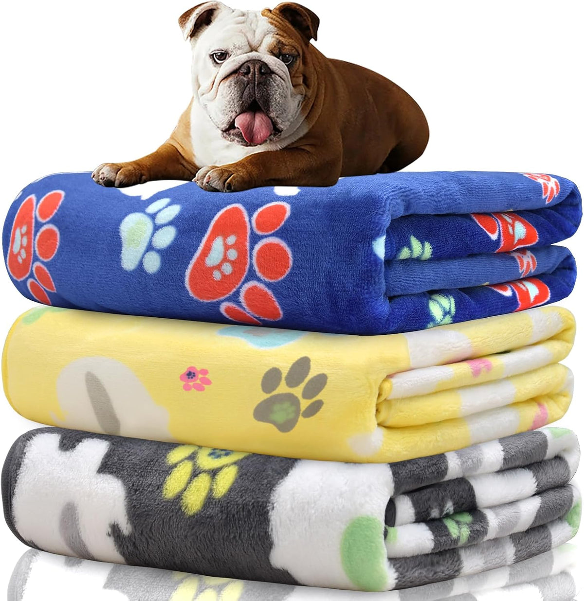Rezutan Blanket for Large Dogs & Cats Soft Reversible Cute Paw 40"x31" – Essentials for Dogs - Grey/Blue/Yellow / Medium,30x20Inch
