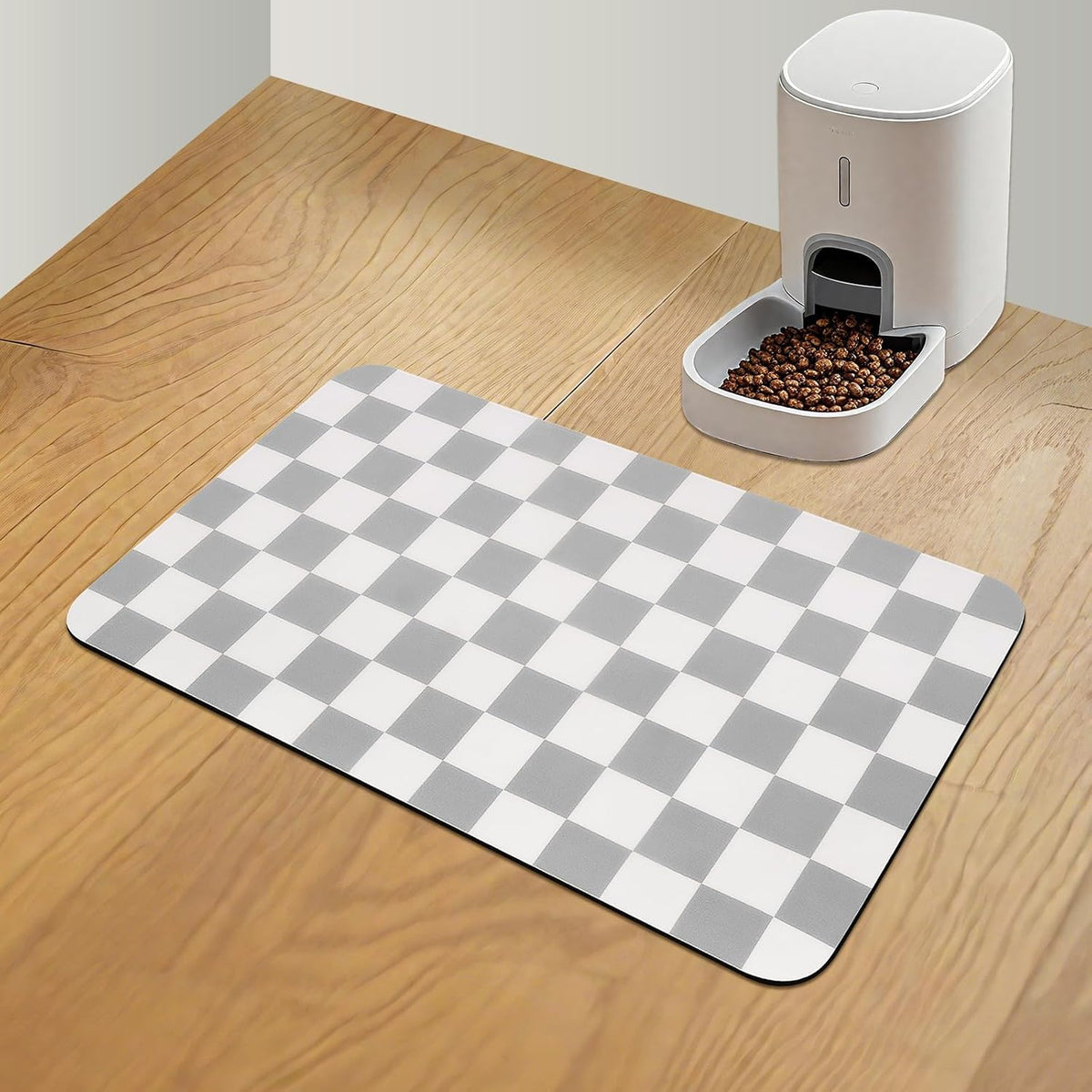 CooRug Checkered Dog Food Mat, Pet Feeding Mat 20" L x 12" W - Grey / 24"L x 16"W