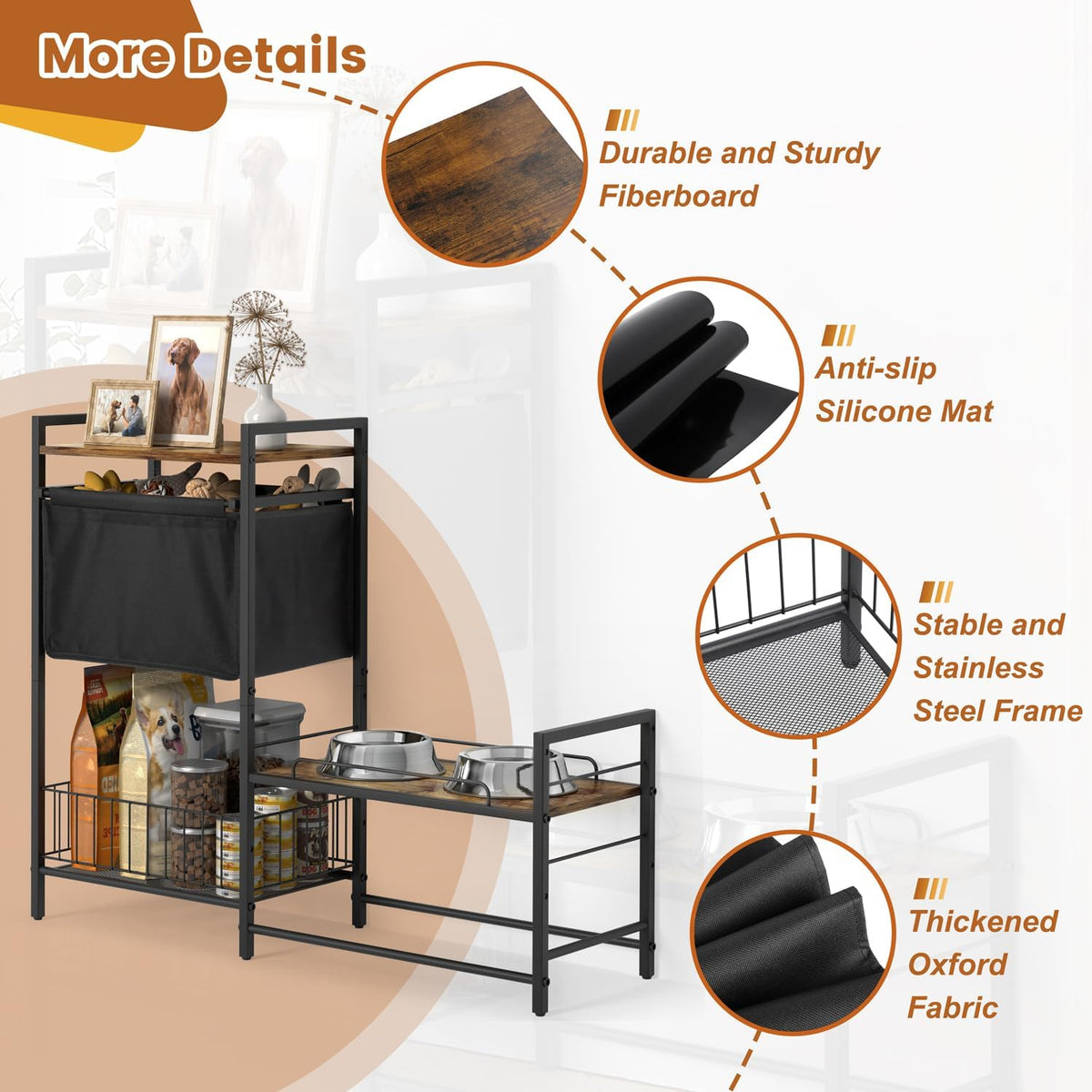 Elevated Dog Bowl Stand with Toy Bin Basket - Black&Brown / 2"-13.6"H/ 18.9"Dx9.45"W - image 4