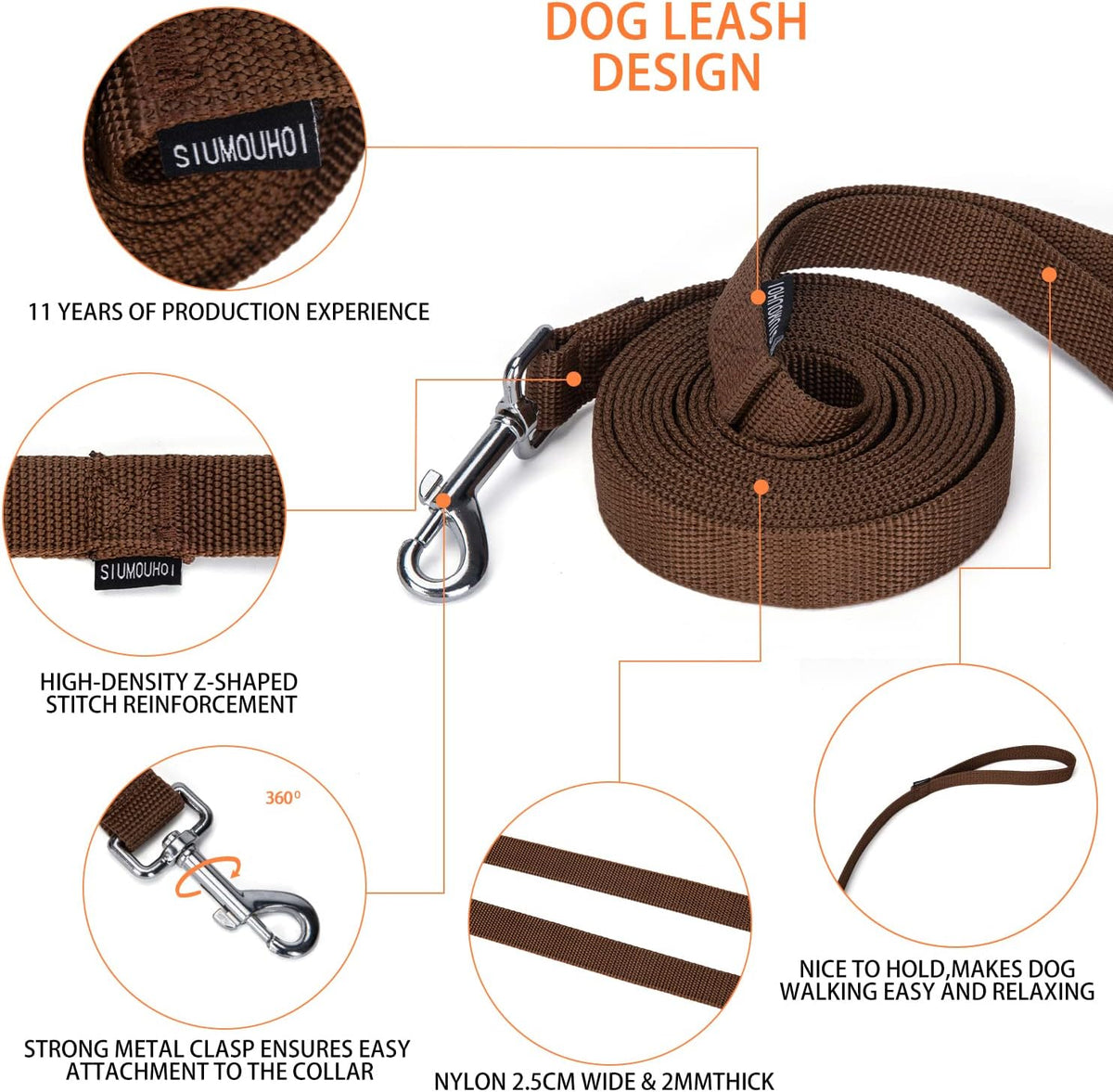 Strong Durable Nylon 10ft Long Dog Training Leash, Traction Rope - Brown / 10 Feet - image 3