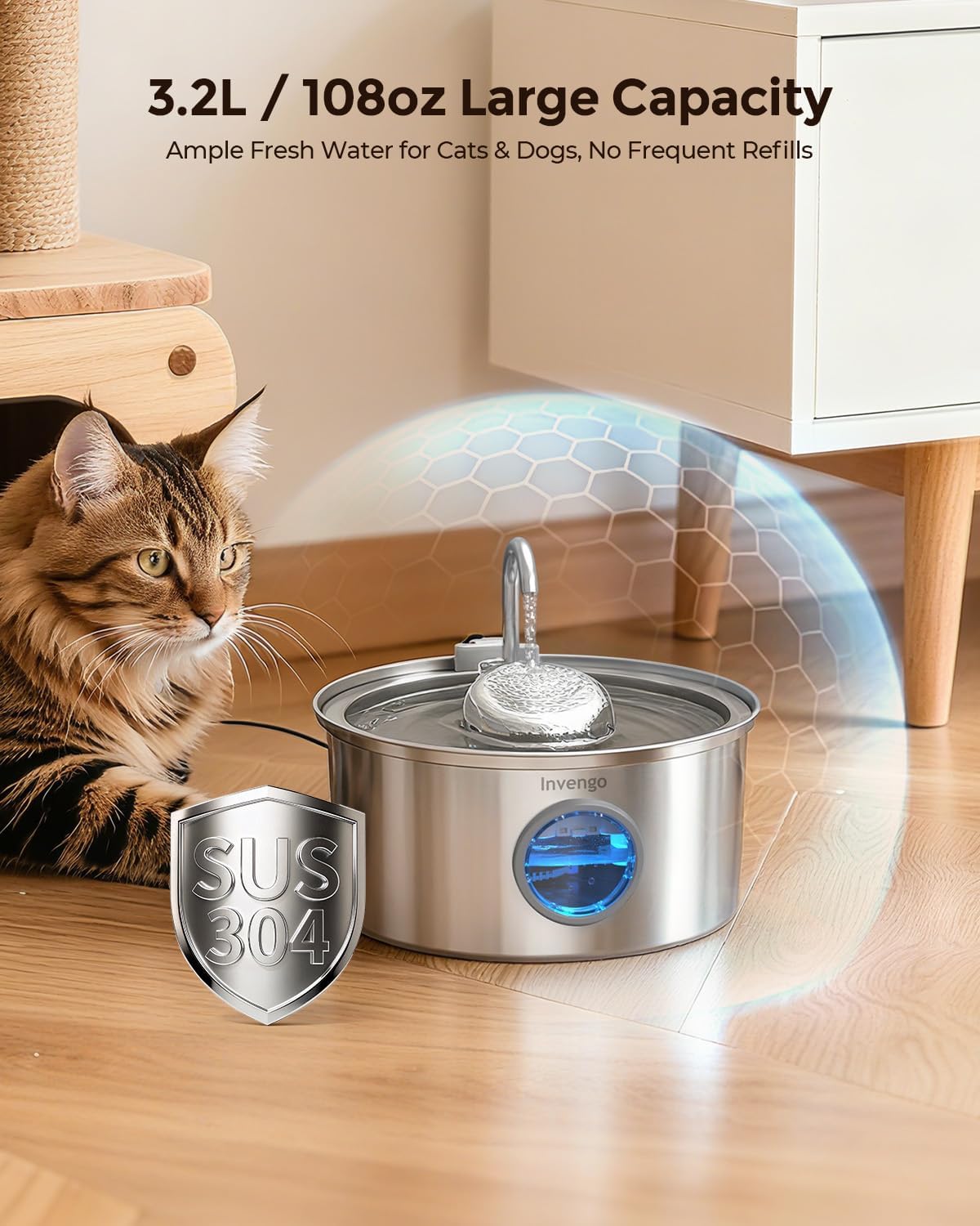 Invengo Cat Water Fountain Stainless Steel 108oz/3.2L Pet Fountain – Essentials for Cats - image 3