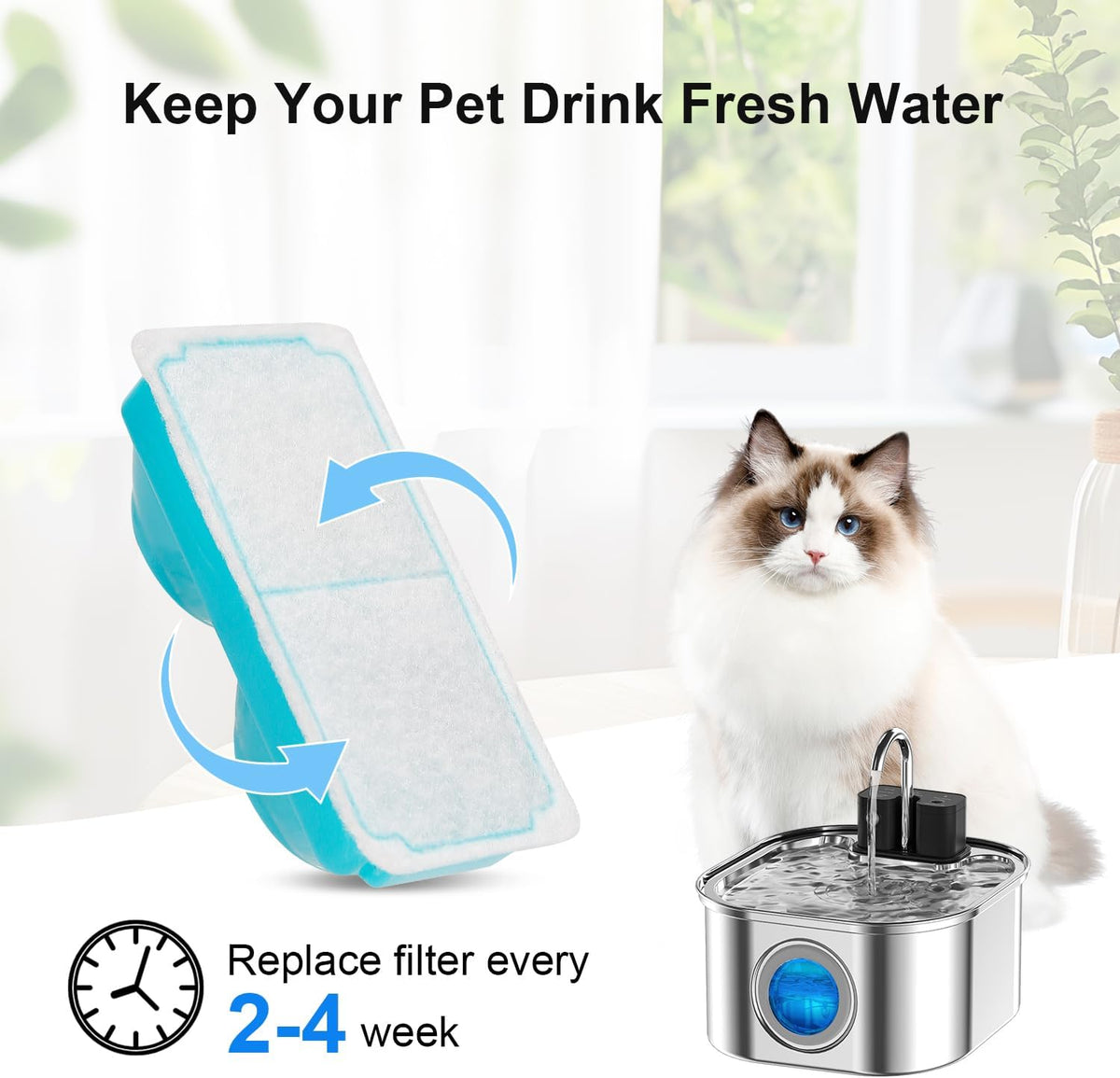 Cat Water Fountain Wireless, Stainless Steel-Rechargeable - Fountain + 1 filter+ 1Sponge - image 2