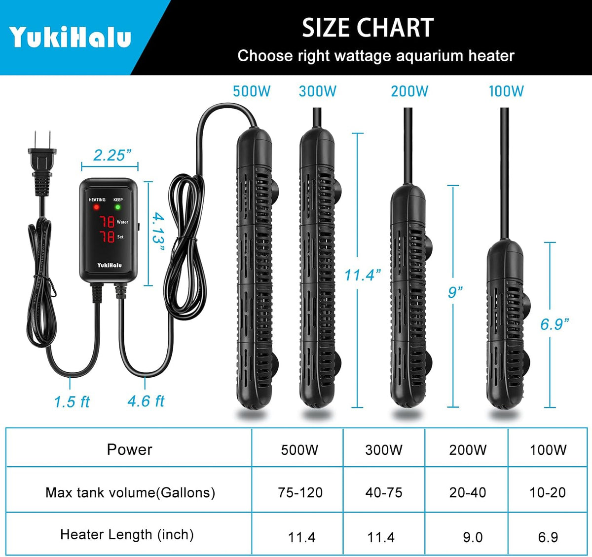 YukiHalu Aquarium Heater 50/100/200/300/500W with Protective Case - 100W - image 3