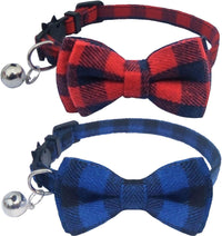 2 Pack/Set Cat Collar Breakaway with Cute Bow Tie and Bell for Kitty - Blue+Red / Plaid