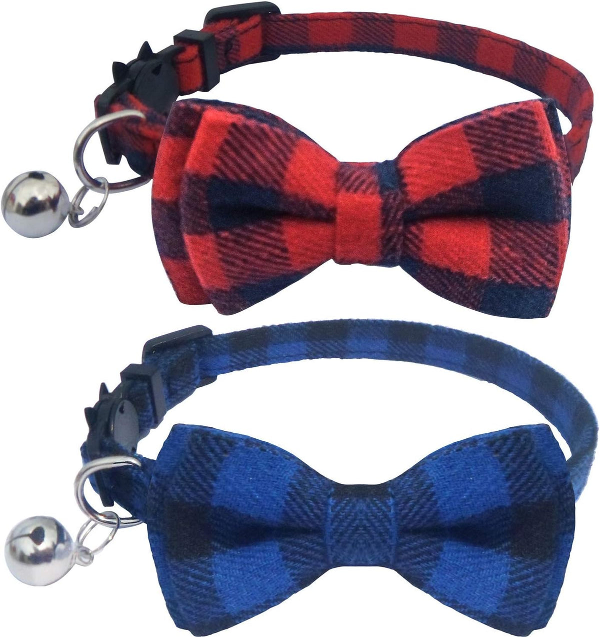 2 Pack/Set Cat Collar Breakaway with Cute Bow Tie and Bell for Kitty - Blue+Red / Plaid