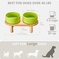 Ceramic Elevated Dog Bowls, Pet Food and Water Bowl Set for Large Dogs, 7.5 Cups Dog Bowls Raised with Wood Stand, 61OZ, Green