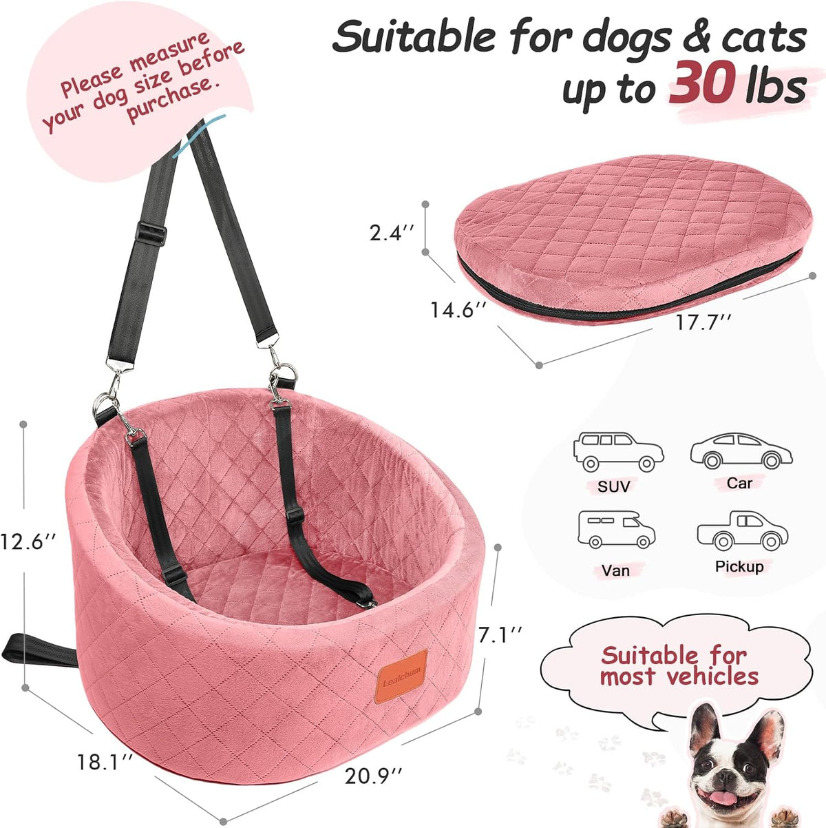 Lealchum Dog Car Seat for Small Dogs Up to 30 Lbs with 2 Safety Dog - Pink / Small - image 2