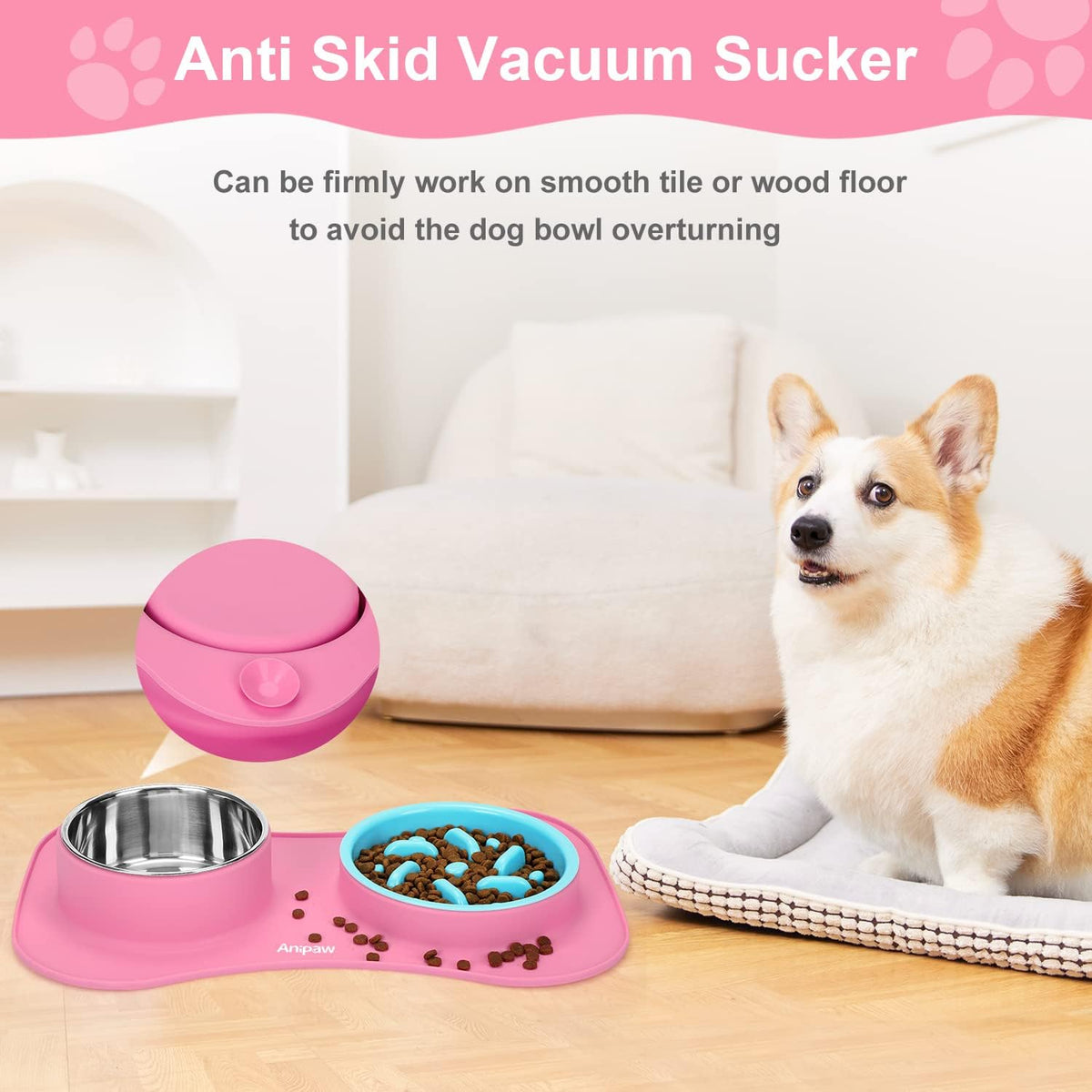 Slow Feeder Dog Bowls 3 in 1 Stainless Steel Food Water Bowl to Slow - Small ＆ Medium Breed / Pink - image 3