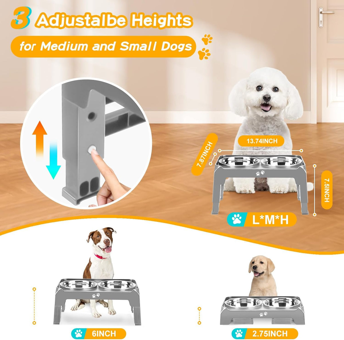 Elevated Bowls, 4 Height Adjustable Raised Stand With 2 Thick 50oz Stainless Steel Food Bowls - Grey / 6" for Small Dogs - image 2
