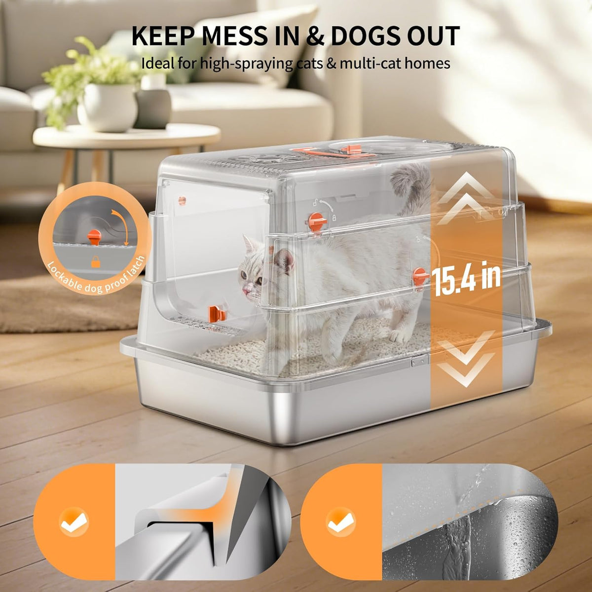 Fusblom extra large enclosed stainless steel litter box with flip-top lid and footpedal - view 4