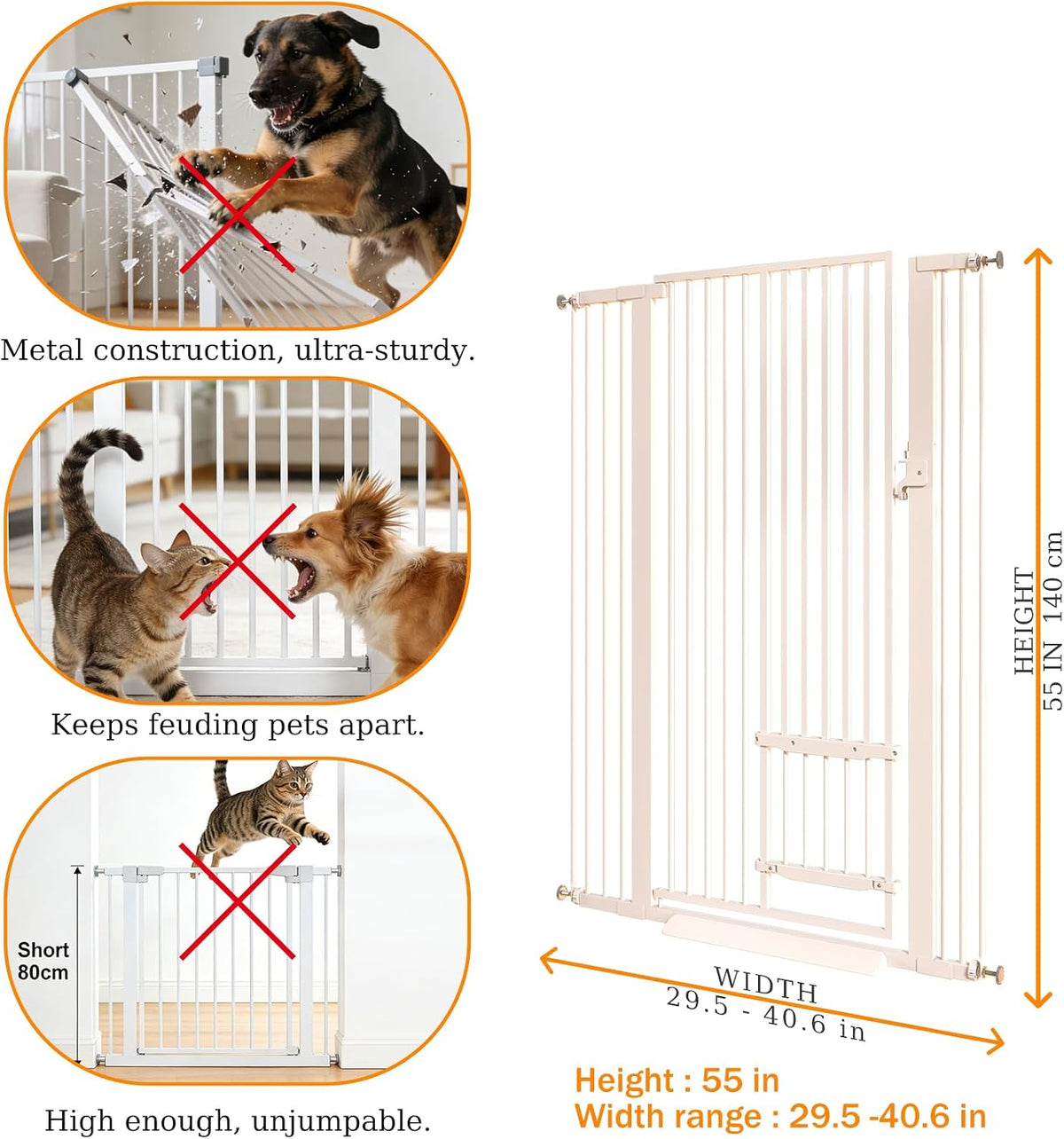 71" Extra Tall Cat Gate 29.5-40.6 Wide Pet gate with Small Cat Door - White / 55.11 inches SET A - image 2