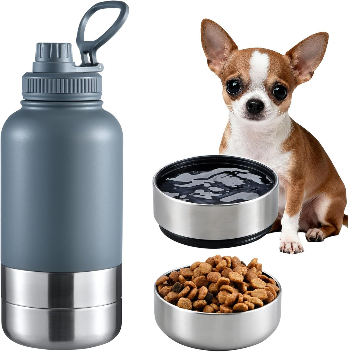 Insulated Dog Water Bottle 32oz Keep Water Cool with 2 Bowls – Essentials for Dogs - Slate Gray