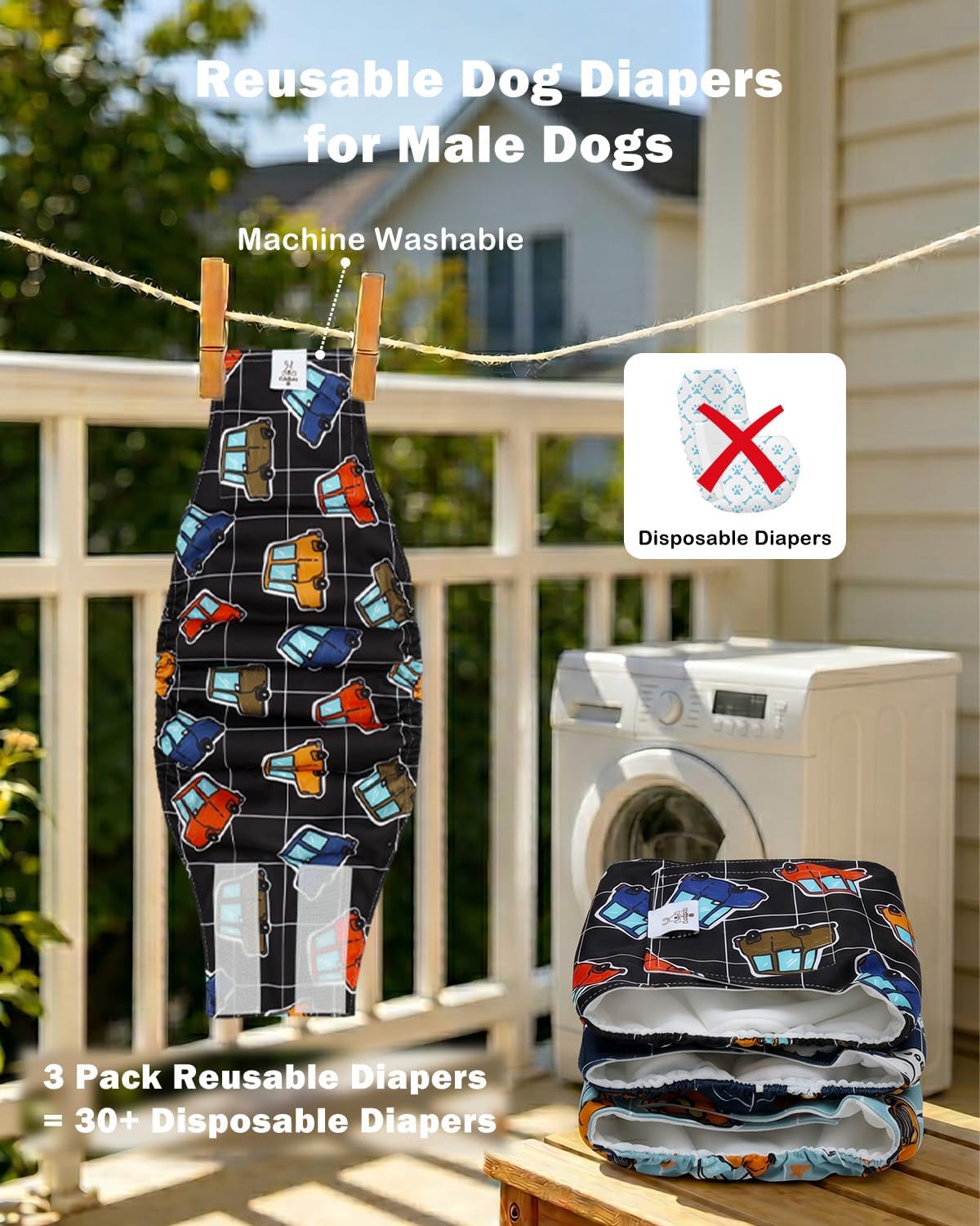 CuteBone Dog Belly Bands for Male Dogs Wraps Washable Doggie Diapers - Vintage Wheels / XS(9"-11") - image 3