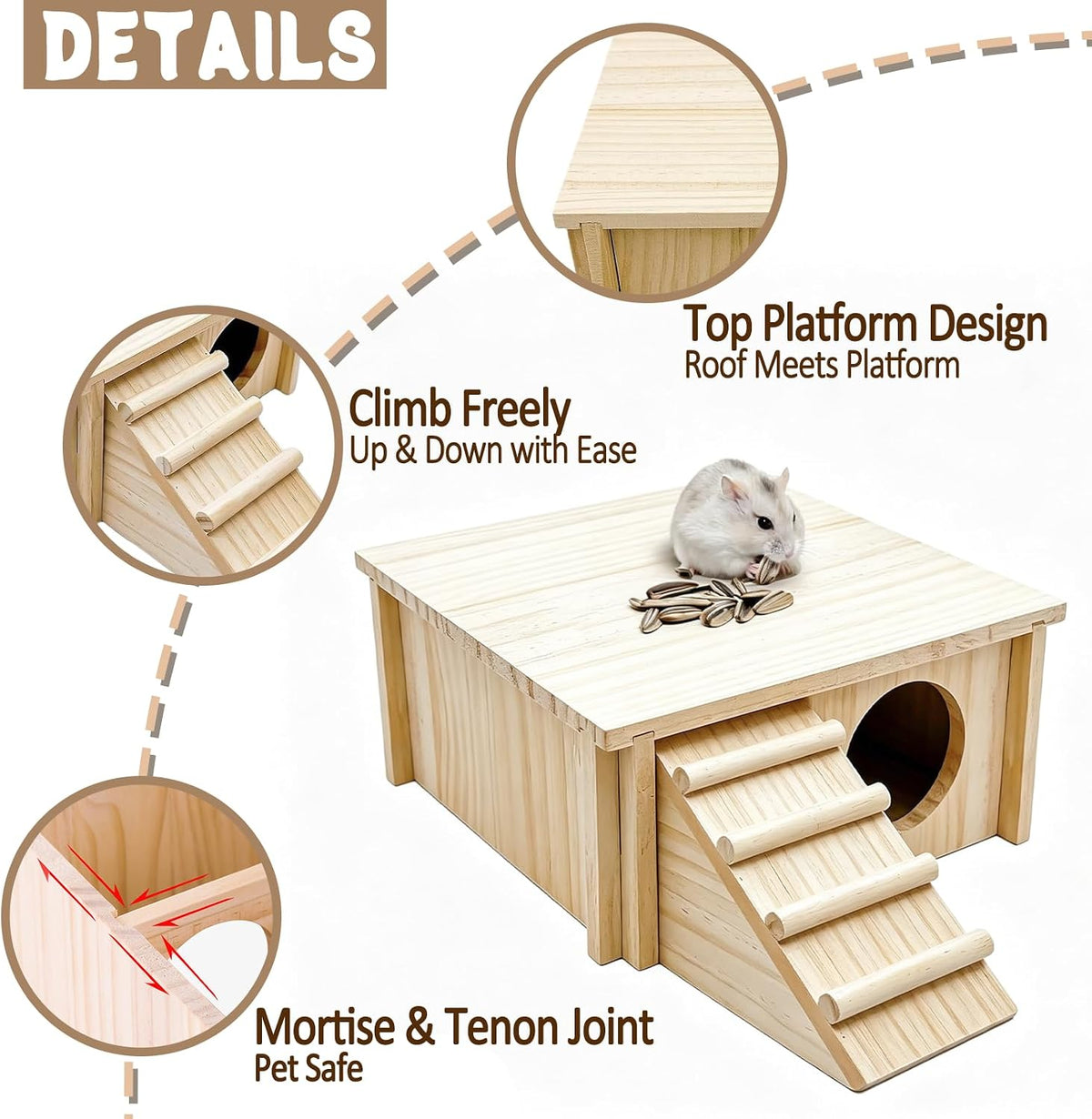 Wooden Hamster Hideout House Castle with Platform, Bowl & Ladder – Essentials for Small Pets - 2 Room + Bowl – 2.36" Entrance - image 3