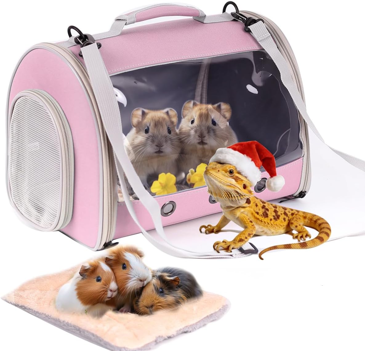 Bearded Dragon Travel Carrier Backpack, Lizard Backpack Carrier - Pink / TPU Carrier+MAT