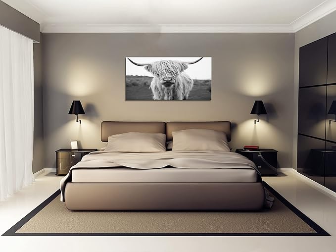 XXMWallArt FC3662 Highland Cow Canvas Art - Black and White Animal Wall Decor for Living Room, Bedroom, Office