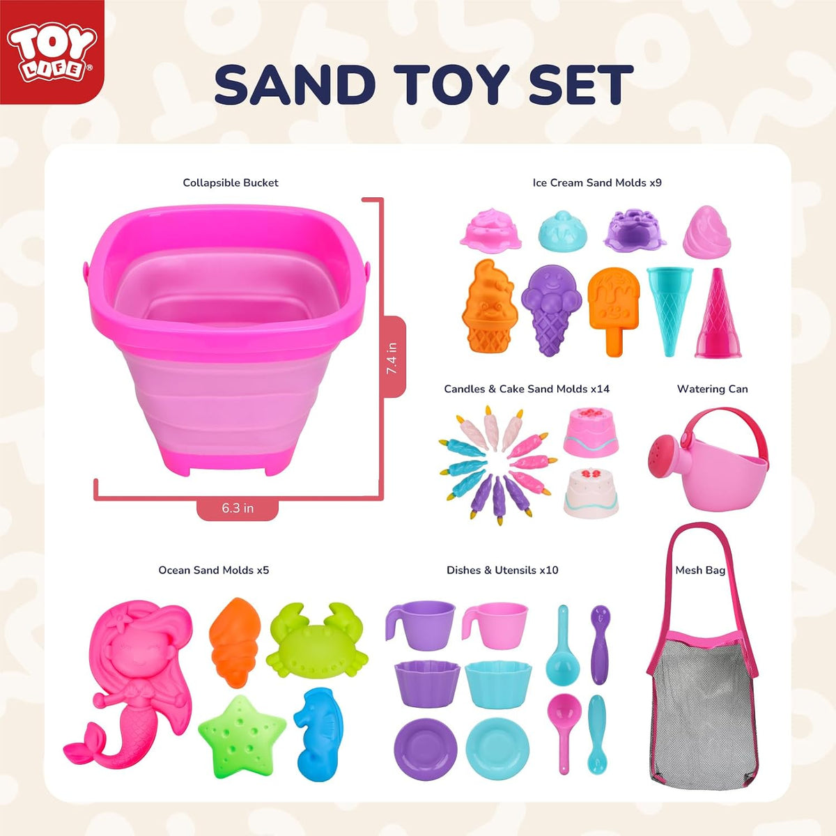 TOY Life 41-Pc Beach Sand Toy Set, Silicone Bucket & Shovels - 41 Pcs Pink Ice Cream Sand Toys - image 4
