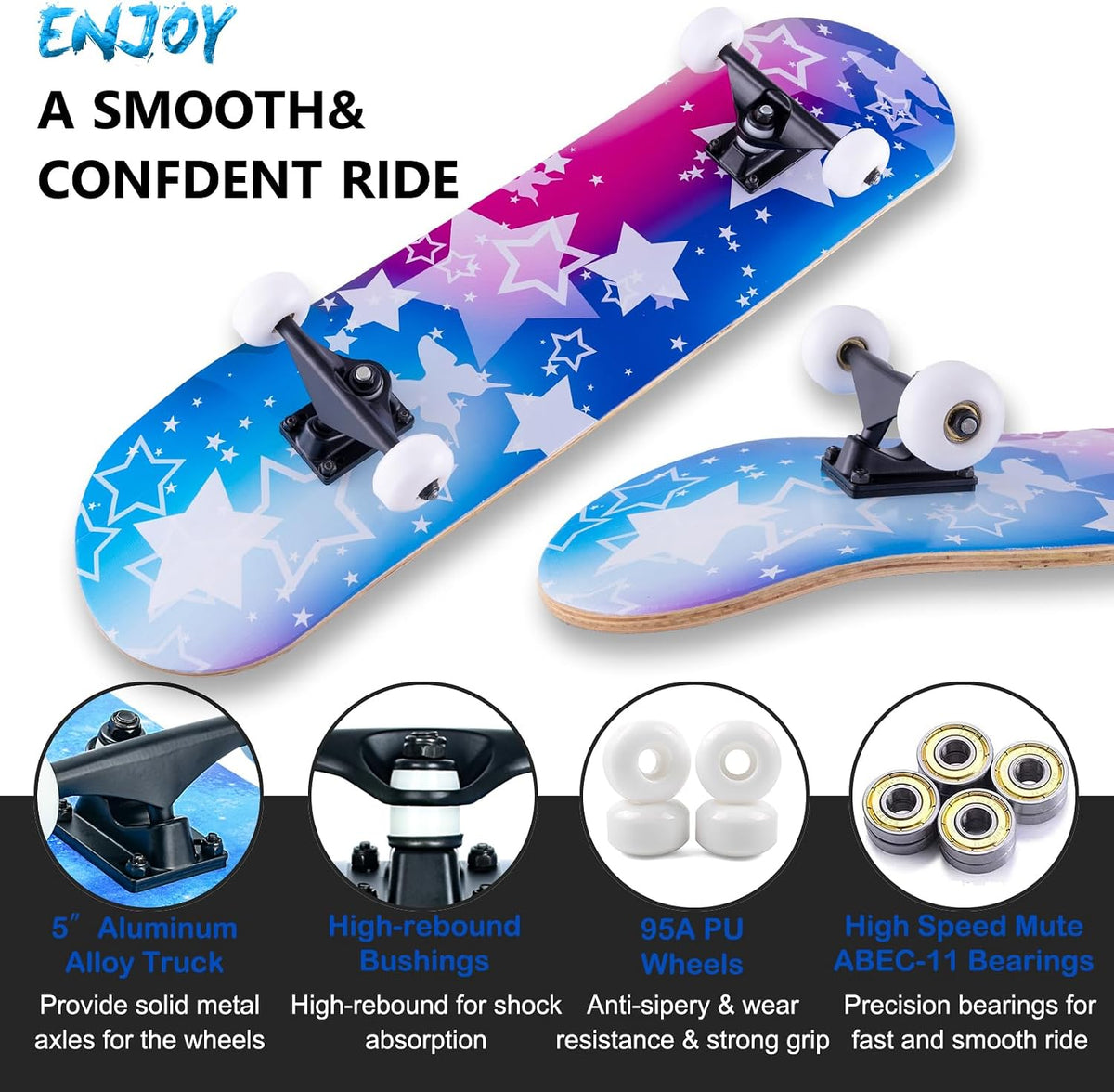 Skateboard,31 x 8 Inch Complete Skateboard, 8-Layer Maple Wood Deck Double Kick Standard - Dream - image 2